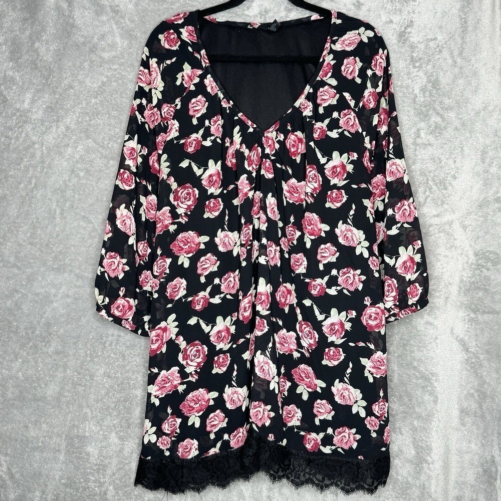 Assini 2X‎ Top Shirt Black Pink Floral Flower 3/4 Sleeve V Neck Lace Trim Womens